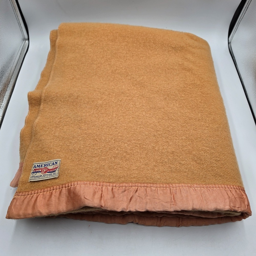 Vintage American Woolen Co. Blanket 47x67" Wool Satin Trim Dark Orange Throw